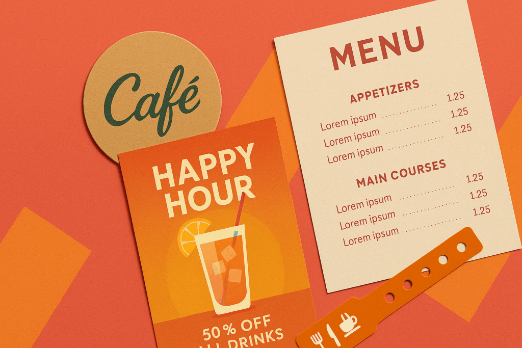 Impresión para hostelería: vista cenital de material impreso colorido sobre fondo rojo coral, incluyendo un menú, un cartel de happy hour, un posavasos de café y una pulsera identificativa.